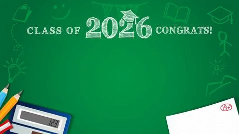 Green blackboard background for Class of 2026 with chalk drawings and pencil Stock Illustration