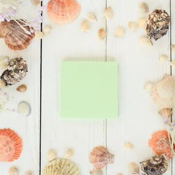 Green blank sheet and seashells on wooden background.Travel background Stock Photos