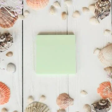 Green blank sheet and seashells on wooden background.Travel background Stock Photos
