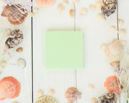 Green blank sheet and seashells on wooden background.Travel background Stock Photos
