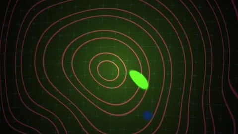 Green Blob Moving on a Contour Map with Red Lines over a Dark Grid Background Stock Footage 343710304