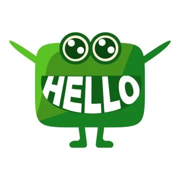 Green Blob Saying Hello, Cute Emoji Character With Word In The Mouth Instead Of 스톡 일러스트