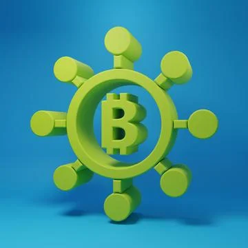 Green Blockchain technology Bitcoin icon isolated on blue background. Abstr.. 库存插图