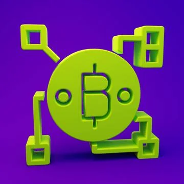 Green Blockchain technology Bitcoin icon isolated on purple-blue background.. Stockillustratie