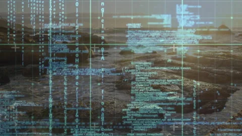Green-blue code overlay fading in, drifting and reshaping over shore at sunset Stock Footage 310994895