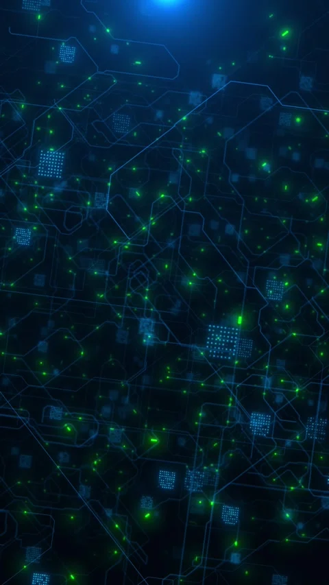 Green blue digital network glowing nodes, circuit paths, and abstract data conne Stock Footage 340555558