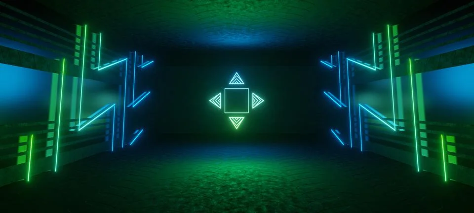 Green Blue Glowing Sci Fi Futuristic Warehouse Hangar Spaceship Realistic Sho Illustrazione stock