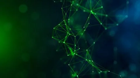 Green Blue Light Flares with Plexus Turbulence Connected Lines, Dots, Triangles Stock Illustration