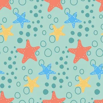 Green blue mint seamless pattern with starfish and bubbles Stock Illustration