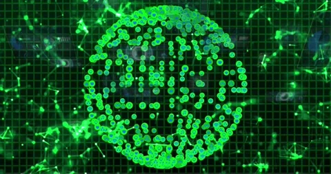 Green-blue node cluster pulsing and shifting after left flare, visualizing Video stock 321161146