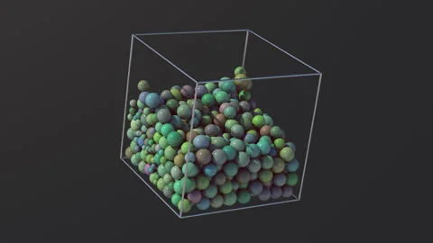 Green, blue, purple balls inside metallic cube. Abstract animation, 3d render. Stock Footage 235358650