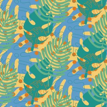 Green blue seamless pattern tropical print, palm leaf monstera nature, trendy Stock Illustration