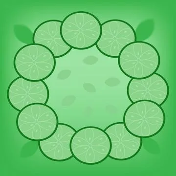 On a green blurred background, lime circles with leaves. Summer concept. Illustrazione stock
