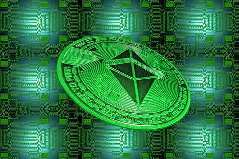 Green board and a valueable green ether coin from ethereum crypto currency ob Stock Illustration
