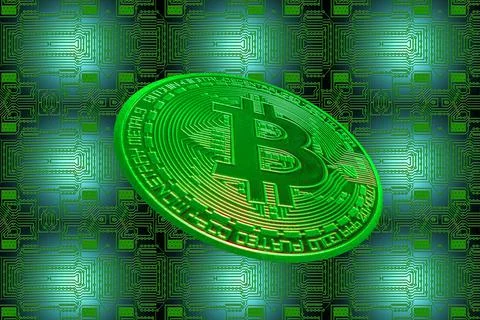 Green board and a valueable green bitcoin from crypto currency oblique Stock Illustration