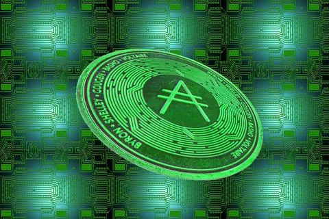 Green board and a valueable green ada coin from cardano crypto currency obliq Stock Illustration