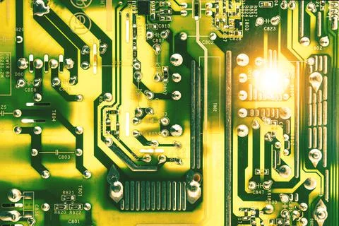 Green board from a computer, close-up. Electronics Stock Photos