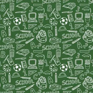 Green Board School Seamless Pattern Hand Draw Chalk Education Tools Supplies Stock Illustration