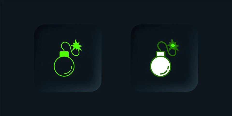 Green Bomb ready to explode icon isolated on black background. Black square.. Иллюстрация
