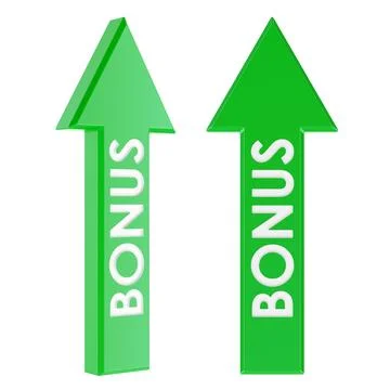 Green Bonus arrows, pointing up. Front and side views. 3D rendering Stock Illustration