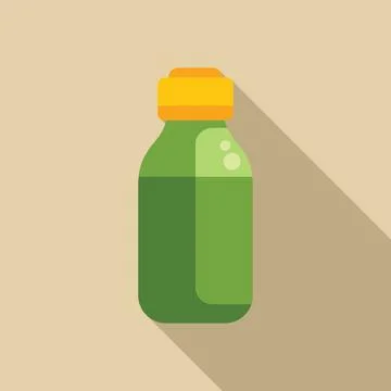 Green bottle containing liquid with bubbles is standing on light brown surface Illustrazione stock