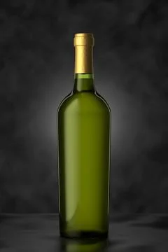 Green bottle with wine on a dark background. 3d render. Stock Illustration
