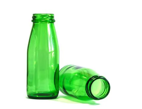 Green Bottles on White Background, with focus on Left Bottle Stock Photos