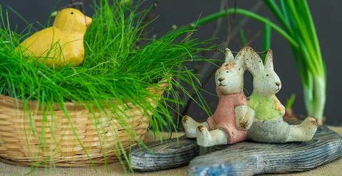 Green bow, Easter decoration and space for text Stock Photos