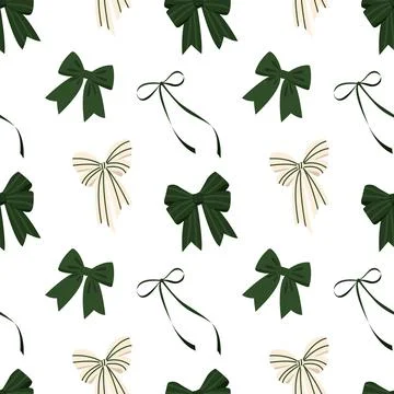 Green bow seamless pattern with elegant ribbons on white background for gift Stock Illustration