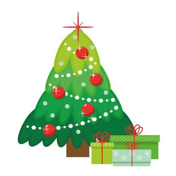 Green boxes under a decorated green christmas tree. Stock Illustration