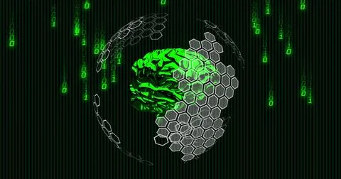Green brain and hexagonal patterns with binary code image on dark background Stock Illustration