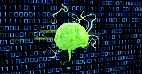 Green brain animation over binary code background with electric currents 스톡 동영상 307661553