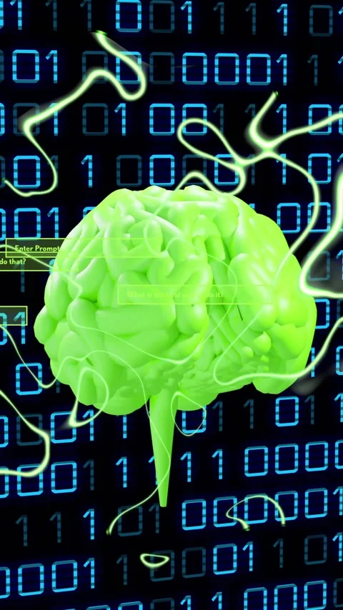 Green brain animation over binary code background with electric currents Vidéo 342609616
