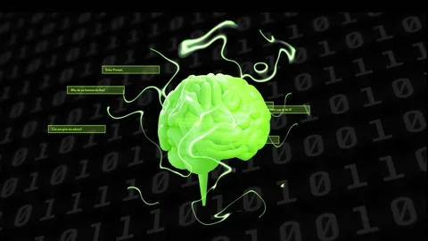 Green brain with binary code and text boxes, artificial intelligence animation Stock Footage 306507384