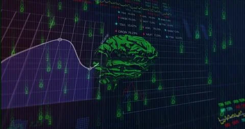 Green brain holo rotating while falling glyphs firing charts moving and labels イラスト素材