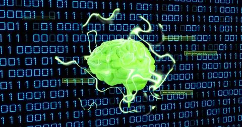 Green brain image over binary code background with electric currents Illustrazione stock