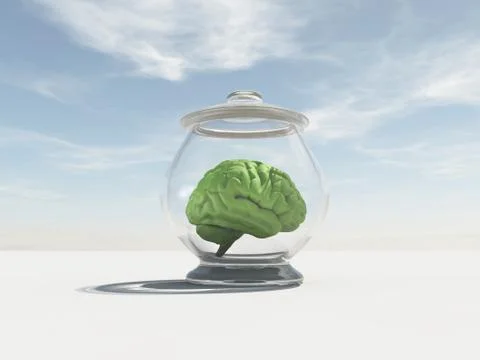 Green brain inside a jar in a field. This is a 3d render illustration 스톡 일러스트