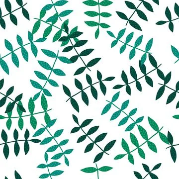 Green branch seamless pattern isolated on white background. Soft botanical ba Stock Illustration