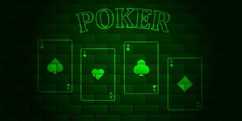 Green brick wall with glowing text Poker and playing cards Stock Illustration