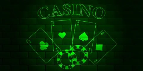 Green brick wall with glowing text Casino, playing cards and casino chips. Illustrazione stock