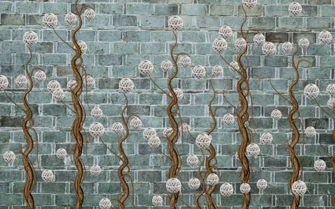 Green brick wall, vertical curly branches with balls of thread Stock Illustration