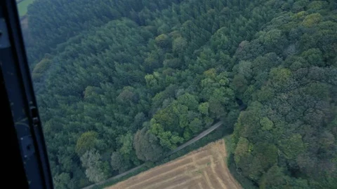 Green British fields and forest from a helicopter Stock Footage 118266534