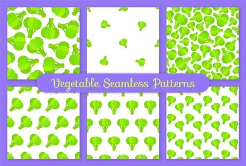 Green broccoli flat vegetable seamless pattern set Stock Illustration