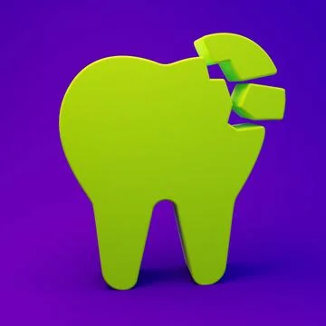 Green Broken tooth icon isolated on purple-blue background. Dental problem .. Illustrazione stock