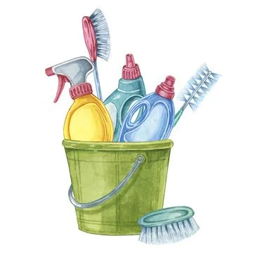 Green bucket packed with cleaning tools such as bottles, brushes, and scrub Illustrazione stock
