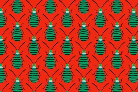 Green bug pattern on red. Insects bright background Illustrazione stock