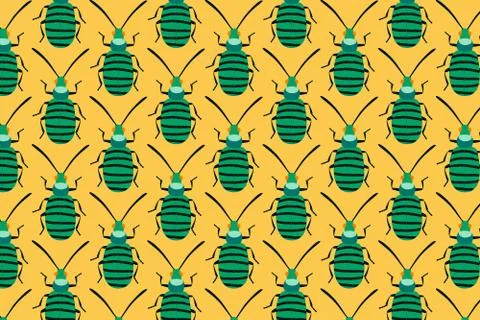Green bug pattern on yellow. Insects bright background Stock Illustration