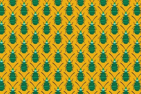 Green bug pattern on yellow. Insects background Stock Illustration