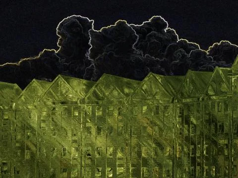 Green building dark clouds Stock Illustration