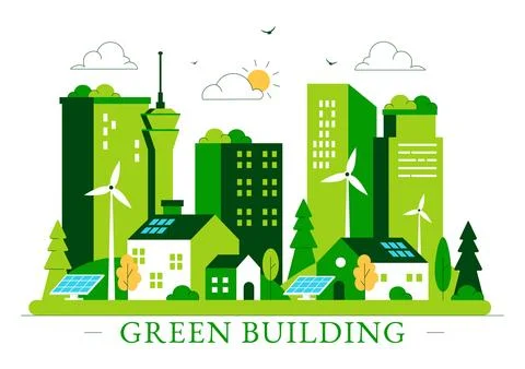 Green Building Vector Illustration Featuring a Beautiful Modern Eco Friendl.. Stock Illustration